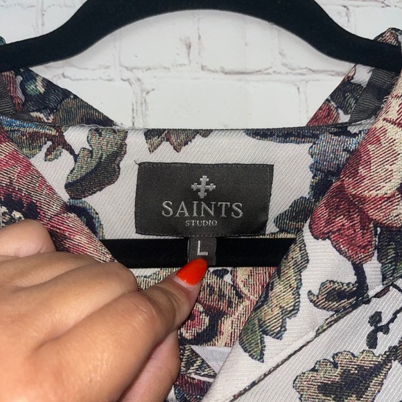 ✨SAINTS Studio Mens Floral Print Short Sleeve Button Up Shirt Large - Picture 3 of 3
